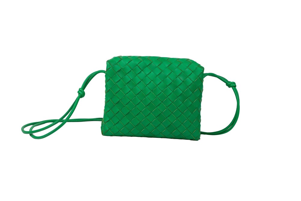 Bottega Veneta Green Parakeet Intrecciato Leather Loop Camera Crossbody Gold Har